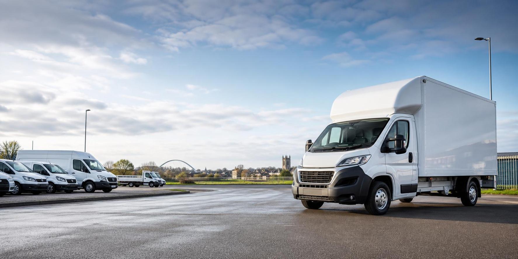 Wide homepage hero image of a white Luton van and supporting hire fleet in a clean Doncaster roadside setting