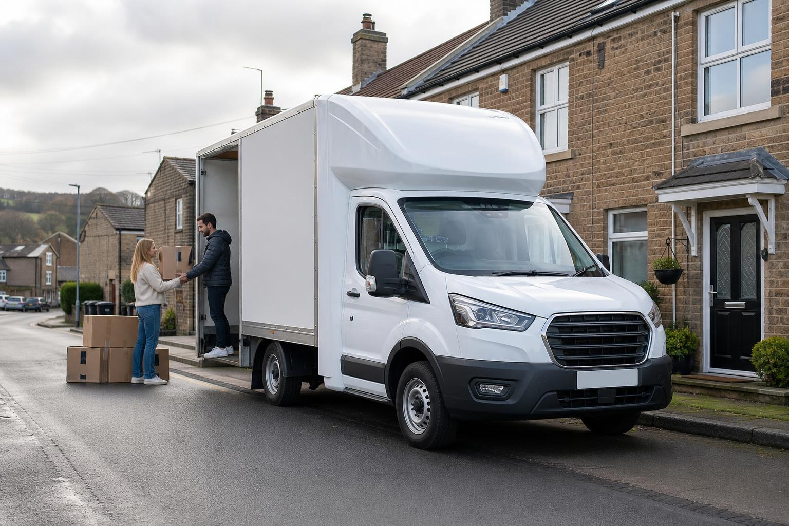 White Luton van being loaded with moving boxes on a residential street in Mexborough