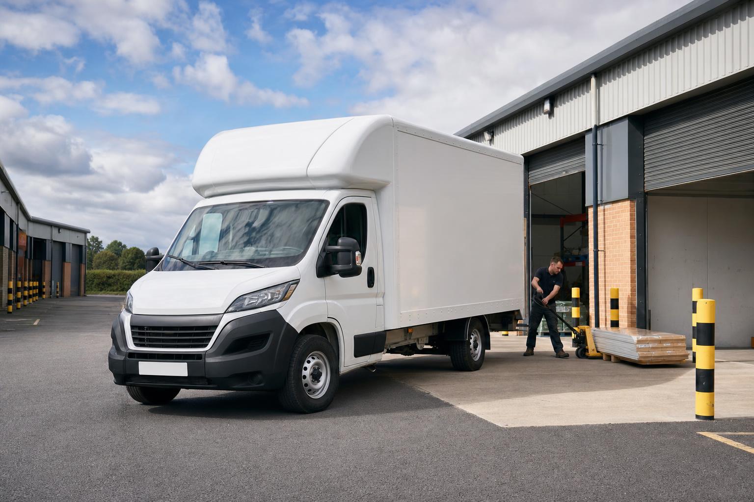 Luton van at a light industrial estate in Bentley with a tradesperson unloading materials