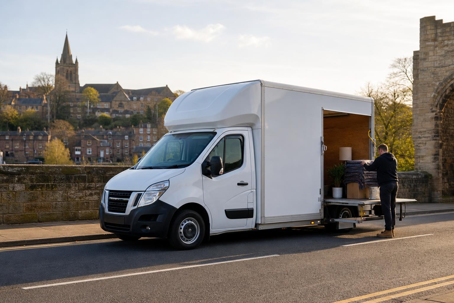 White Luton van parked near a road in Conisbrough as a customer prepares items for transport