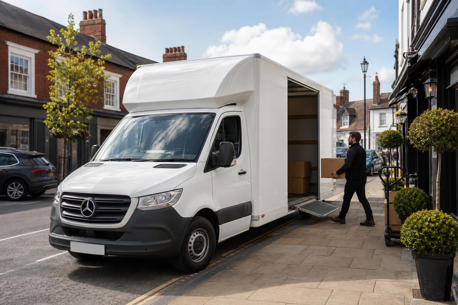 Luton van parked in Bawtry town centre for a retail stock collection