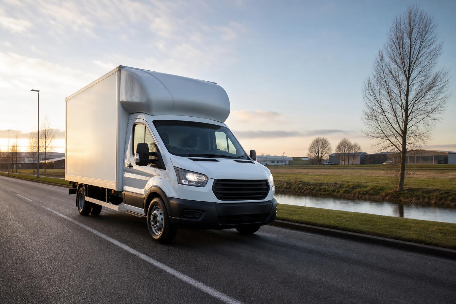 White Luton van travelling on a road near Thorne with open South Yorkshire landscape