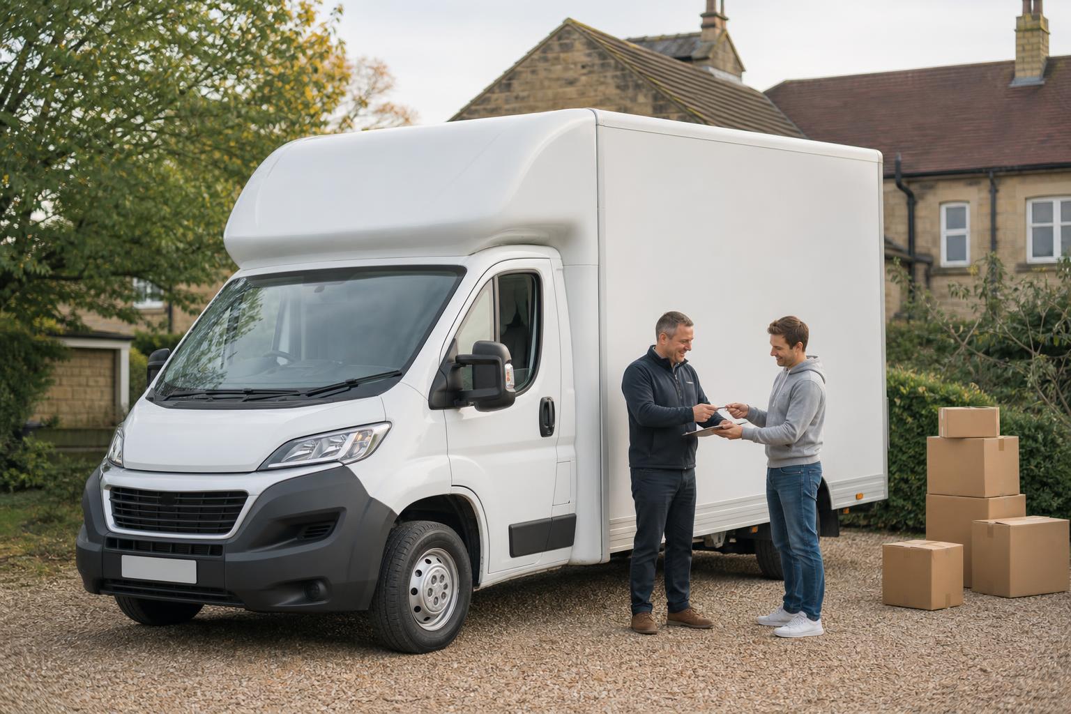 Customer pickup handover beside a white Luton van on a driveway in Tickhill